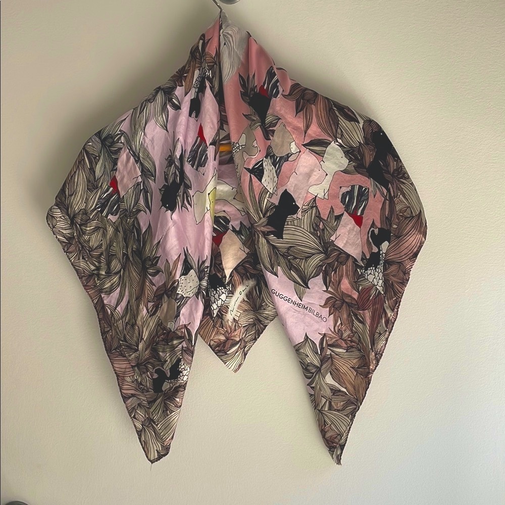 Guggenheim Bilbao Pink and Brown Dog & Leaf Print Scarf